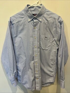 Vineyard Vines Men’s Blue and White Gingham Button-Down Shirt, Small